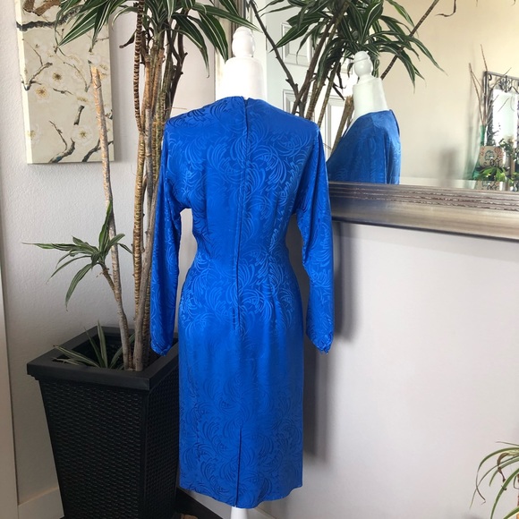 VTG 80s Lauren Alexandra Blue Silk Faux Wrap Dress - Picture 6 of 11